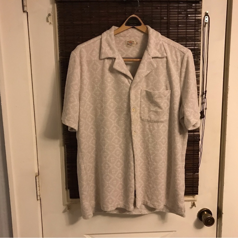 Faherty Women's Towel Terry Short Sleeve Button Up Shirt - Vintage Cream Size L